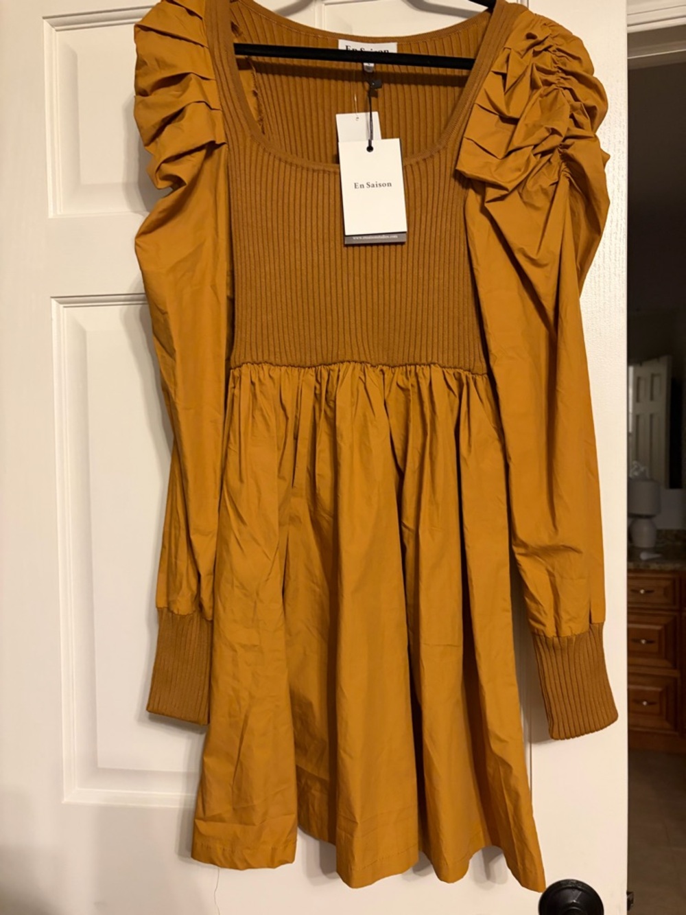 En Saison Mustard Puff-Sleeve Knit Bodice Dress